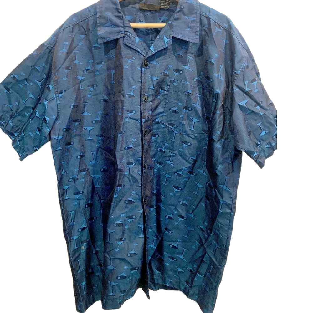 Vintage ODO Martini Button-down Shirt Size XL Teal Metallic Finish Short Sleeve